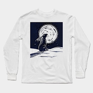 Moon Gazing Hare Linocut in blue and yellow Long Sleeve T-Shirt